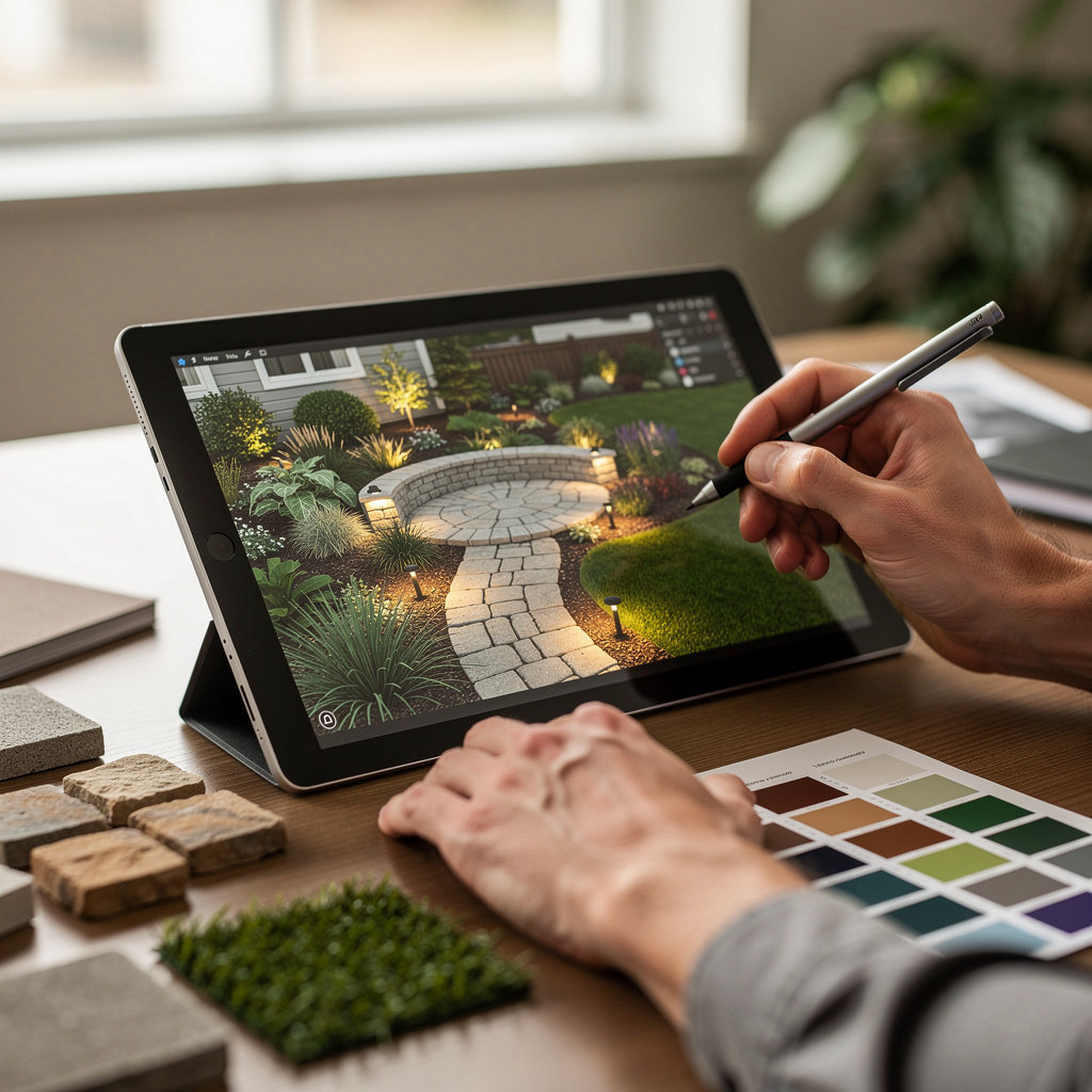 Serenity Landscape Design 3D modeling software visualizing a custom backyard patio and garden design in Belton, MO